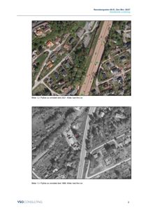 Bildet viser to flyfoto (fra 2021 og 1969) av et område med hus og veier, inkludert en motorvei. Det er også tegnet inn eiendomsgrenser (grå linjer) og eiendomsnummer (grønne bokser).