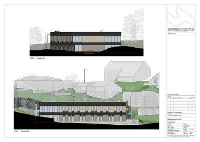 Fasadetegning (opprikk) som viser bygningens utseende sett fra sør og øst, inkludert terrengforhold og nabolag.