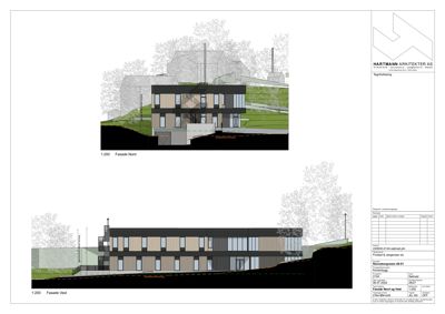 Fasadetegning som viser bygningens utseende fra nord og vest, inkludert materialvalg og terrengforhold.