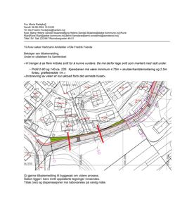 Situasjonsplan med topografi, vei og bygninger, markert med røde streker og tekst om kritiske snitt.