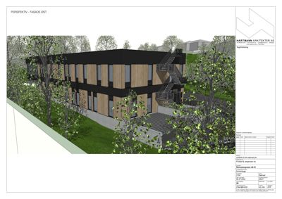 3D-visualisering (rendering) av fasaden på en bygning sett fra øst, inkludert omgivelsene.