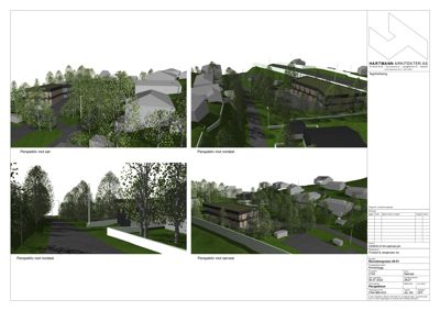 En samling av fire 3D-visualiseringer (renderinger) som viser bygningene i et prosjekt fra ulike vinkler (sør, nordøst, nordvest og sørvest).