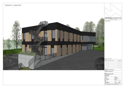 3D-visualisering (rendering) av fasaden på vestre siden av et planlagt bygg.