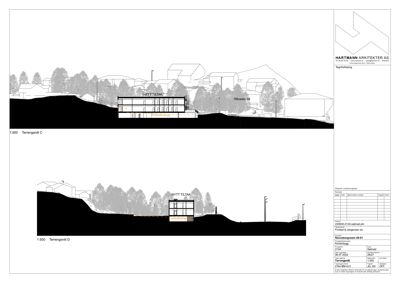 Tegning som viser tverrsnitt gjennom et nytt tiltak (bygning) i forhold til terrenget og omgivelsene. Det er to varianter vist: Terrengsnitt C og Terrengsnitt D.