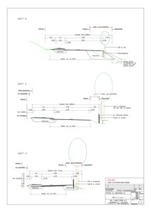 Tegning som viser tre snitt (SNITT 4, 5 og 6) av en bygning sett i tverrsnitt, med mål, grunnvannsnivå og utgravning.