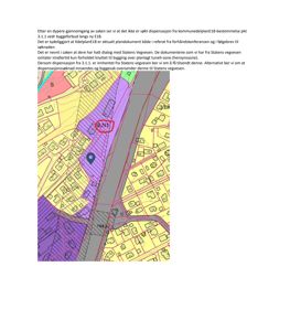 Et kart som viser et område med fargekodet arealbruk (f.eks. gul, lilla, grå) og en markert punkt (blå pil) ved siden av en vei (E18).
