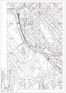 Situasjonsplan som viser topografi (konturlinjer), eksisterende bygninger, vegnett og et planlagt prosjekt (grønn markering) i et boligområde.