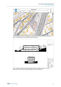 Bildet viser en situasjonsplan (Bilde 1.4) og snittegninger (Bilde 1.5) for et planlagt kontorbygg. Situasjonen viser eksisterende og planlagt bebyggelse, veier og terreng. Snittene viser bygningens tverrsnitt, høyder og forhold til omgivelsene.