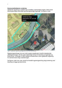 Satellittbilde med overlagte reguleringstegninger som viser eiendomsgrenser, bevaringsverdige kulturminner og en veistrekning.