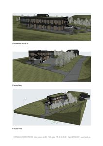Tre 3D-visualiseringer (renderinger) av en bygning sett fra tre ulike vinkler: Øst, Nord og Vest. Bildene viser fasader, omgivelser og terrengform.