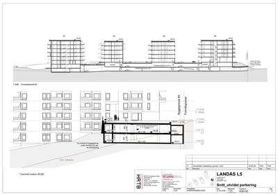 Tverrsnitt (snitt) av bygningen som viser etasjer, høyder og parkeringsløsninger.