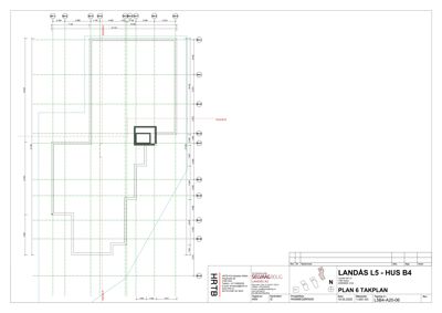 Etasjeplan (takplan) med romfordeling, mål og akselinjer