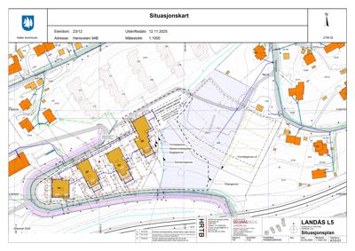 Situasjonskart som viser eiendomsforhold, naboeiendommer og bygningsplassering for prosjektet LANDÅS L5.