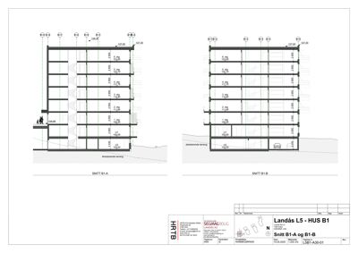 Snittegning (Snitt B1-A og B1-B) som viser bygningens tverrsnitt, etasjer og høyder.