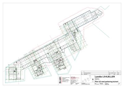 Etasjeplan eller kjellerplan (Plan U2) som viser romfordeling, vegger og parkeringsplasser.