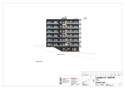 Fasadetegning av bygning sett fra vest, med høydeangivelser og terrenglinje.
