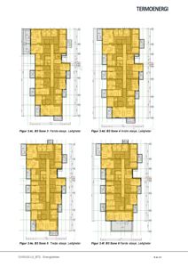 Bildet viser fire etasjeplaner (B3 Sone 3 til 6) for en bygning, som viser romfordeling og leilighetsoppsett.