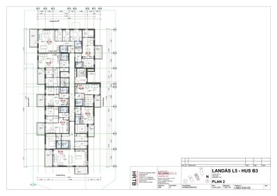 Etasjeplan (PLAN 2) som viser romfordeling, stuerom (B3-01, B3-02, B3-03, B3-04, B3-05, B3-06) og korridorer i en bygning.