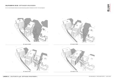 Solstudier (3D-visualiseringer) av fasaden til en bygning ved ulike tidspunkter på en solrik dag.