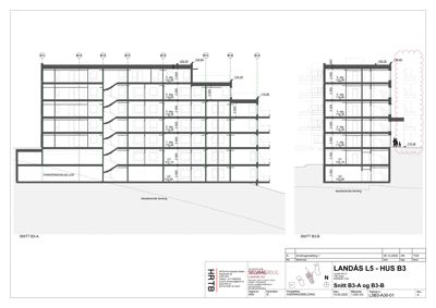 Snittegning (SNITT B3-A og SNITT B3-B) som viser bygningens tverrsnitt, etasjer og høyder.
