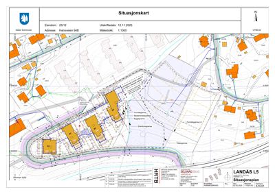 Situasjonskart som viser eiendomsgrenser, bygningsspor og nabolag.