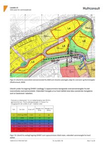 Bildet viser en situasjonsplan eller kart over et område (Landås L5) med fargekodet vannførsel (overvannsnotat) og en tabell med beregnede mengder. Det er en teknisk tegning som illustrerer hydrologiske forhold.