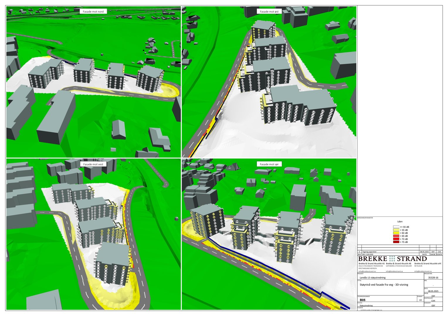 Bildet viser fire 3D-visualiseringer (renderinger) av et boligprosjekt med fasadeanalyse overlagt. Det er en illustrasjon av hvordan bygningene vil se ut i forhold til omgivelsene.