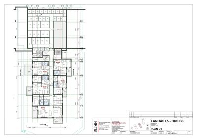 Etasjeplan (PLAN U1) som viser romfordeling, stuerom (B2-01 til B2-06) og gangarealer i en etasje av bygningen LANDÅS L5 - HUS B3.