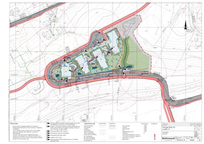 Situasjonsplan som viser tomtens grenser, eksisterende og planlagt bebyggelse, veier og tilhørende infrastruktur.
