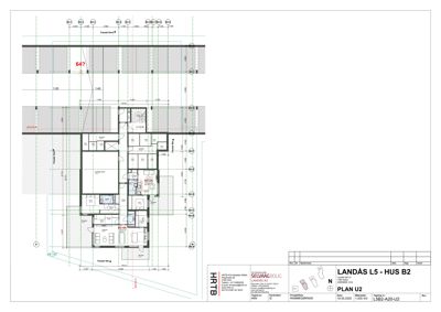 Etasjeplan (PLAN U2) som viser romfordeling, mål og fasader for en bolig.