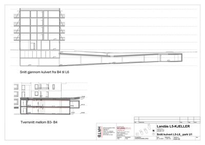 Bildet viser to snittegninger (snitt og tverrsnitt) av en bygning, med høydeangivelser og konstruksjonsdetaljer.