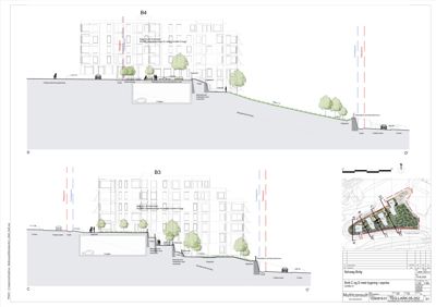 Snittegning som viser tverrsnitt av bygningen, inkludert grunnplan, fasade og terrengforhold.