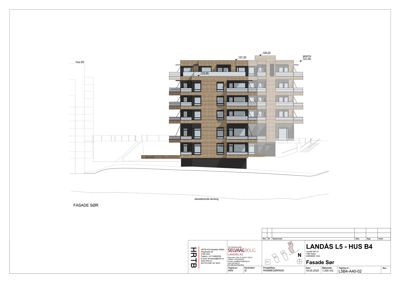 Fasadetegning som viser utvendig oppriss av en bygning med høydeangivelser og materialbeskrivelse.