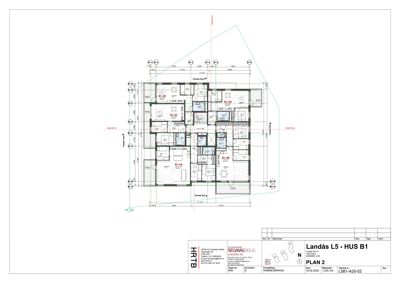 Etasjeplan for et flerfamiliehus (Landås L5 - HUS B1) som viser romfordeling, stueplan og mål.