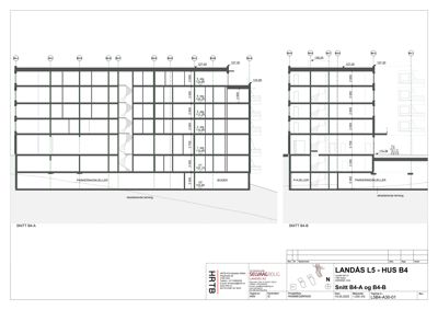 Snittegning (SNITT B4-A og SNITT B4-B) som viser tverrsnittet av bygningen med romfordeling og mål.