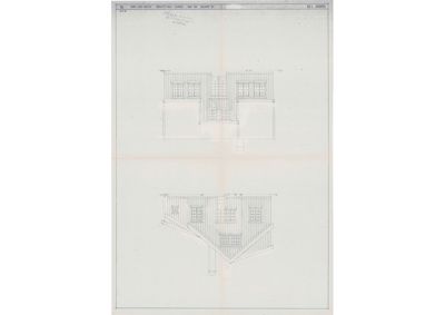 Fasadetegning som viser bygningens utseende fra front og side, inkludert vinduer, takform og konstruksjonsdetaljer.