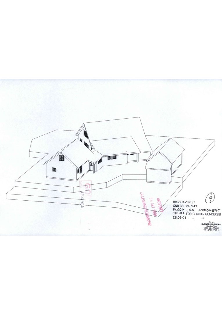 En 3D-linjegrafisk visualisering (rendering) av en planlagt bygning sett fra en vinkel som viser både fasade og tomteforhold.