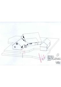 En 3D-linjegrafisk visualisering (rendering) av en planlagt bygning sett fra en vinkel som viser både fasade og tomteforhold.