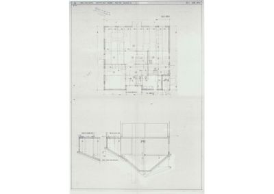 Bildet viser en tegning med etasjeplan (til venstre) og et snitt (til høyre) av en bygning.