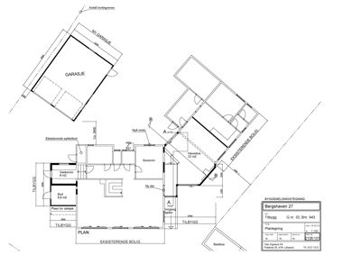 Byggemeldingstegning som viser etasjeplan for en bolig med tilbygg, garasje og eksisterende boligdeler.