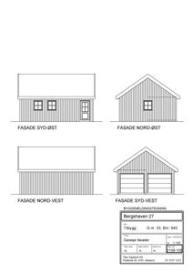 Fasadetegning som viser fire sider av en garasje (Syd-Øst, Nord-Øst, Nord-Vest, Syd-Vest).