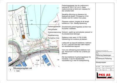 Situasjonsplan som viser plassering av parkeringsplasser, vannutstyr, strøm og mur i forhold til eksisterende infrastruktur.