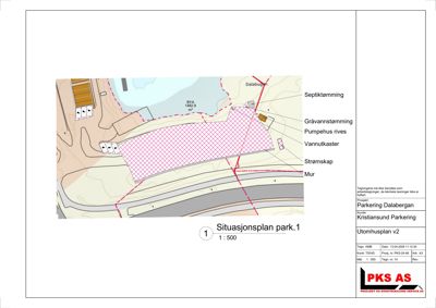 Situasjonsplan som viser parkeringsanlegget (Parkering Dalabergan) med omgivende infrastruktur, terrengforhold og anleggsmålinger.