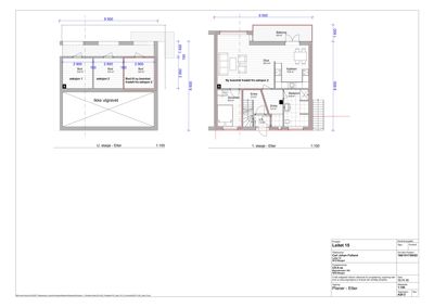 Etasjeplaner (1. etasje og U-etasje) med romfordeling, mål og notasjoner.