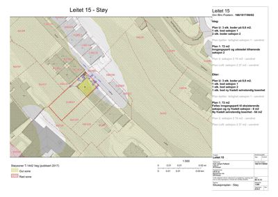 Situasjonsplan som viser tomtens grenser, naboeiendommer, støysoner og planlagt utvidelse av en bolig.