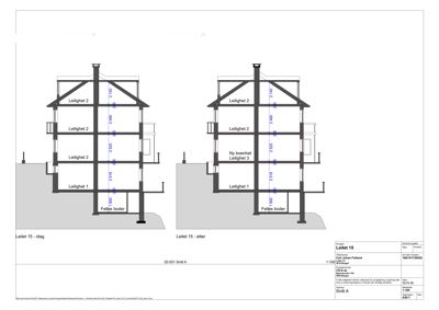 Snittegning (Snitt A) av Leilighet 15 som viser etasjer, høyder og romfordeling.