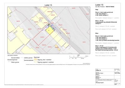 Situasjonsplan som viser eiendomsgranser, bygningsplassering og eiendomstekster for Leitet 15.