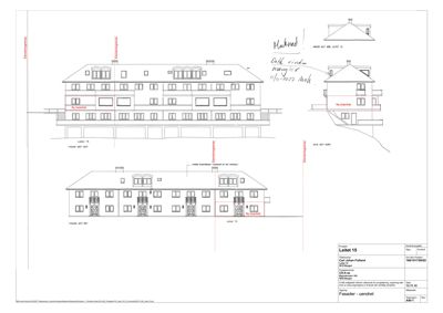 Fasadetegning (opprikk) av et hus med merknader om endringer og tegningsinformasjon.