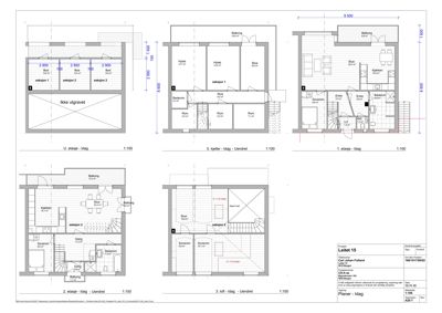 Etasjeplaner for en bolig med romfordeling, mål og etasjenavn (U-etasje, 0. kjeller, 1. etasje, 2. etasje, 3. loft).