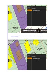 Bildet viser en digital situasjonsplan eller grunnkart med eiendomsinndeling (f.eks. 40/1815, 40/429) og høydekurver. Det inneholder også en dialogboks fra et kartprogram.